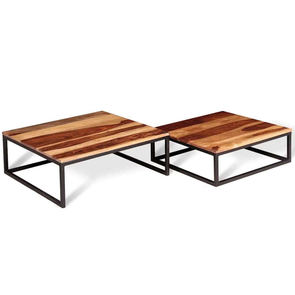 Solid Sheesham Wood Nesting Coffee Table Set with Black Iron Legs C96045