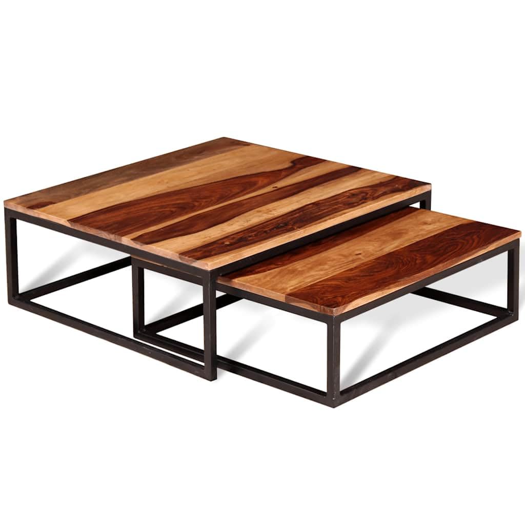 Solid Sheesham Wood Nesting Coffee Table Set with Black Iron Legs C96045