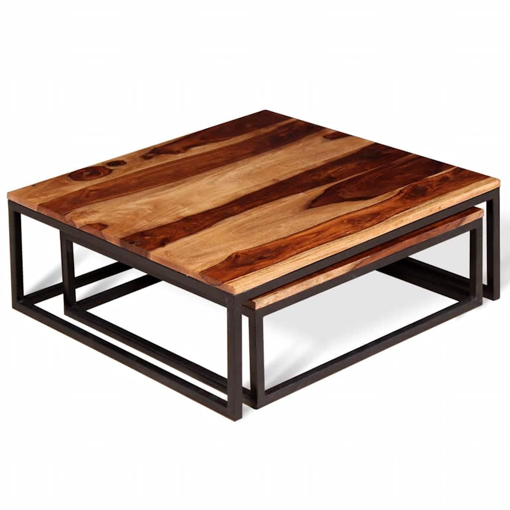 Solid Sheesham Wood Nesting Coffee Table Set with Black Iron Legs C96045