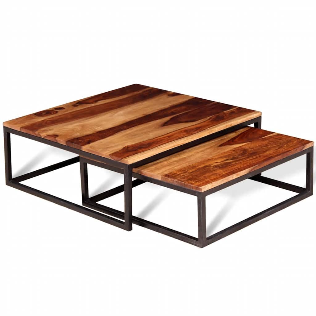 Solid Sheesham Wood Nesting Coffee Table Set with Black Iron Legs C96045