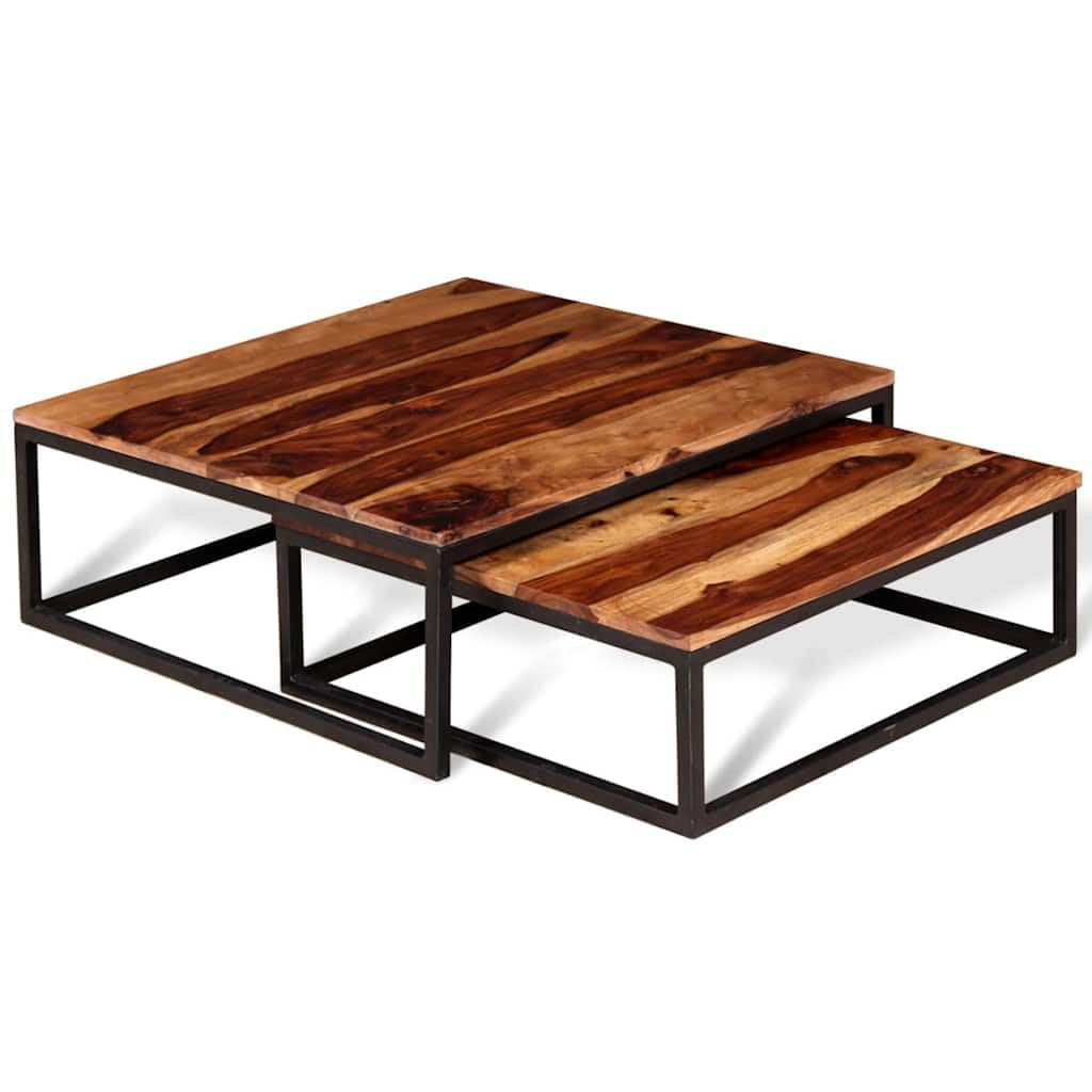 Solid Sheesham Wood Nesting Coffee Table Set with Black Iron Legs C96045