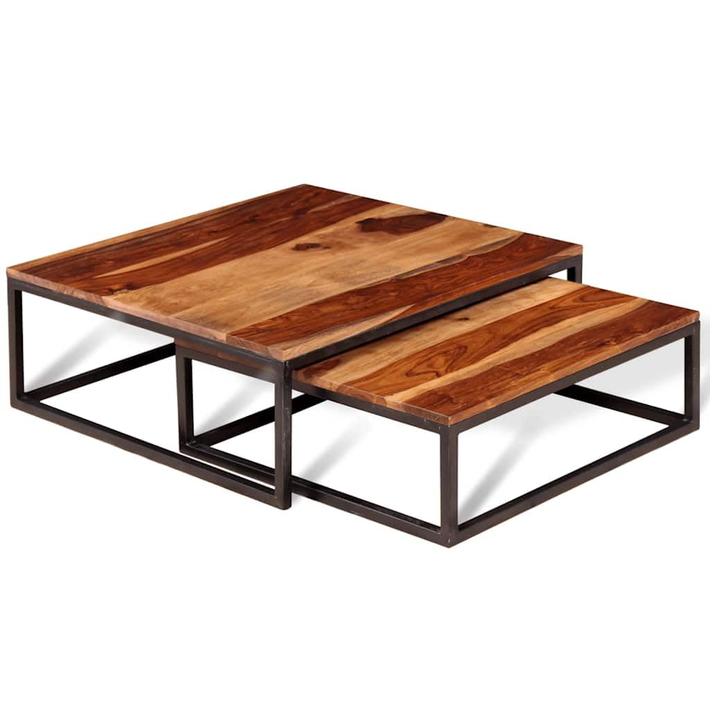 Solid Sheesham Wood Nesting Coffee Table Set with Black Iron Legs C96045