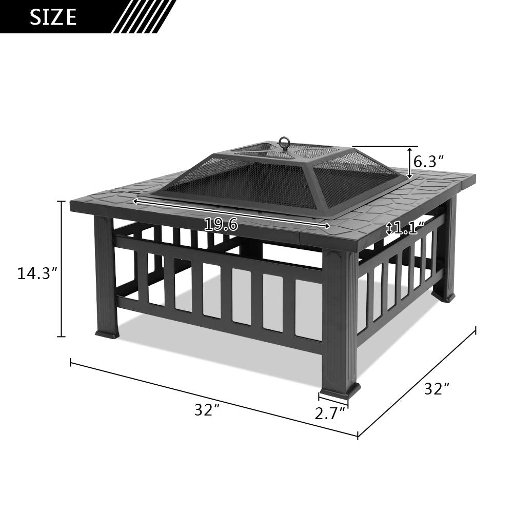 32in Square Metal Wood Burning Fire Pit with Spark Screen L56457