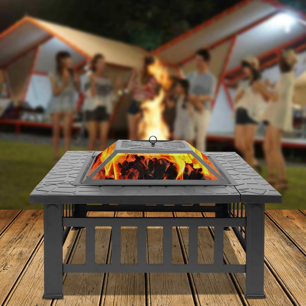 32in Square Metal Wood Burning Fire Pit with Spark Screen L56457