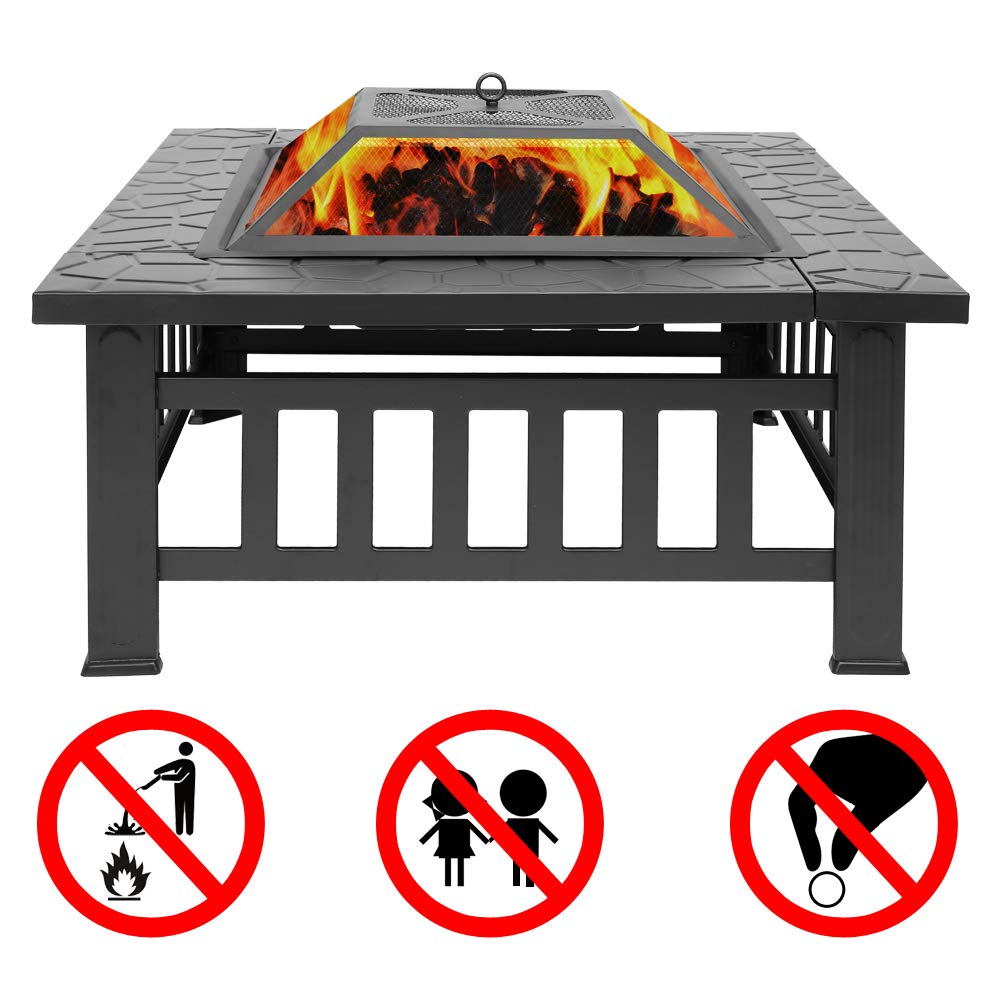 32in Square Metal Wood Burning Fire Pit with Spark Screen L56457