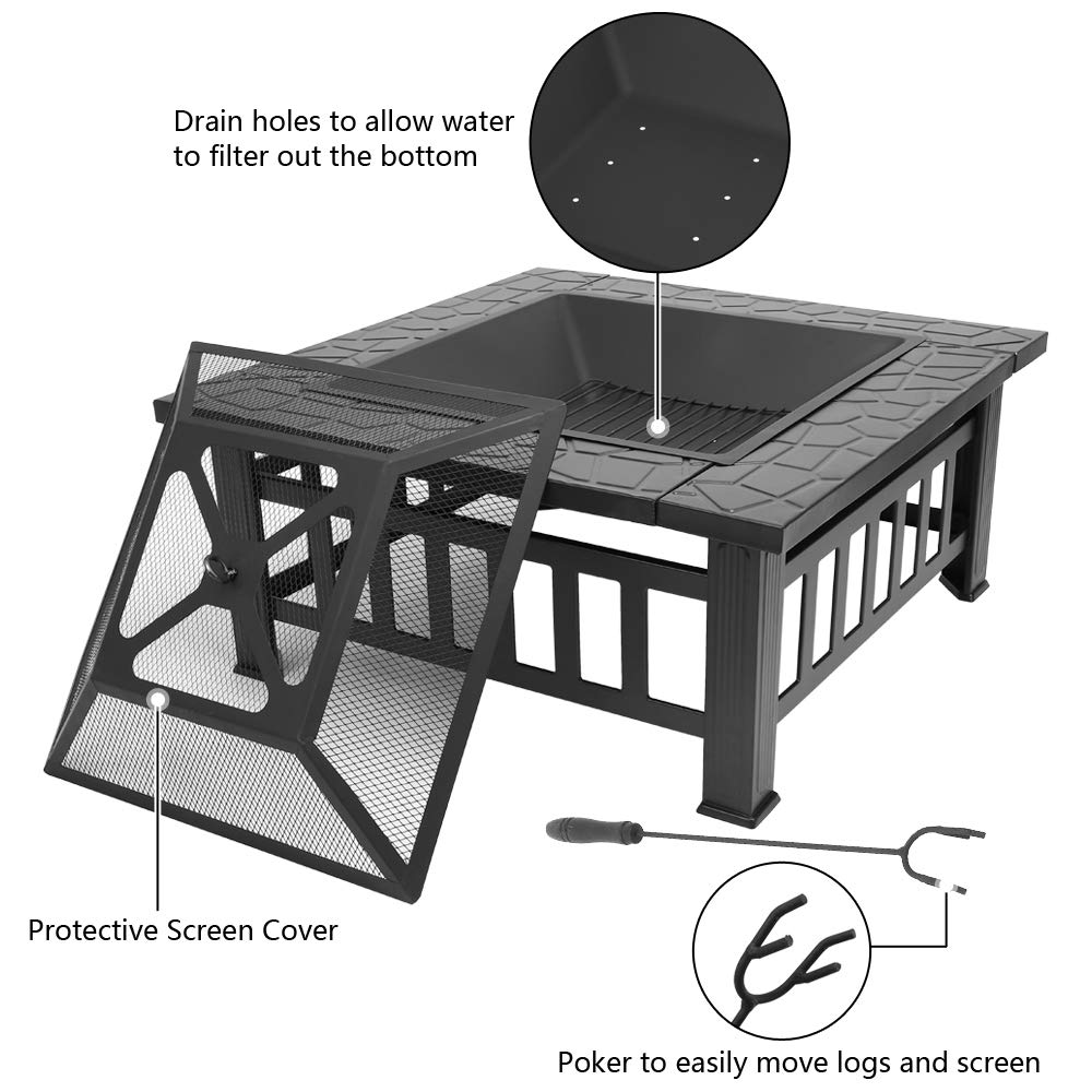 32in Square Metal Wood Burning Fire Pit with Spark Screen L56457