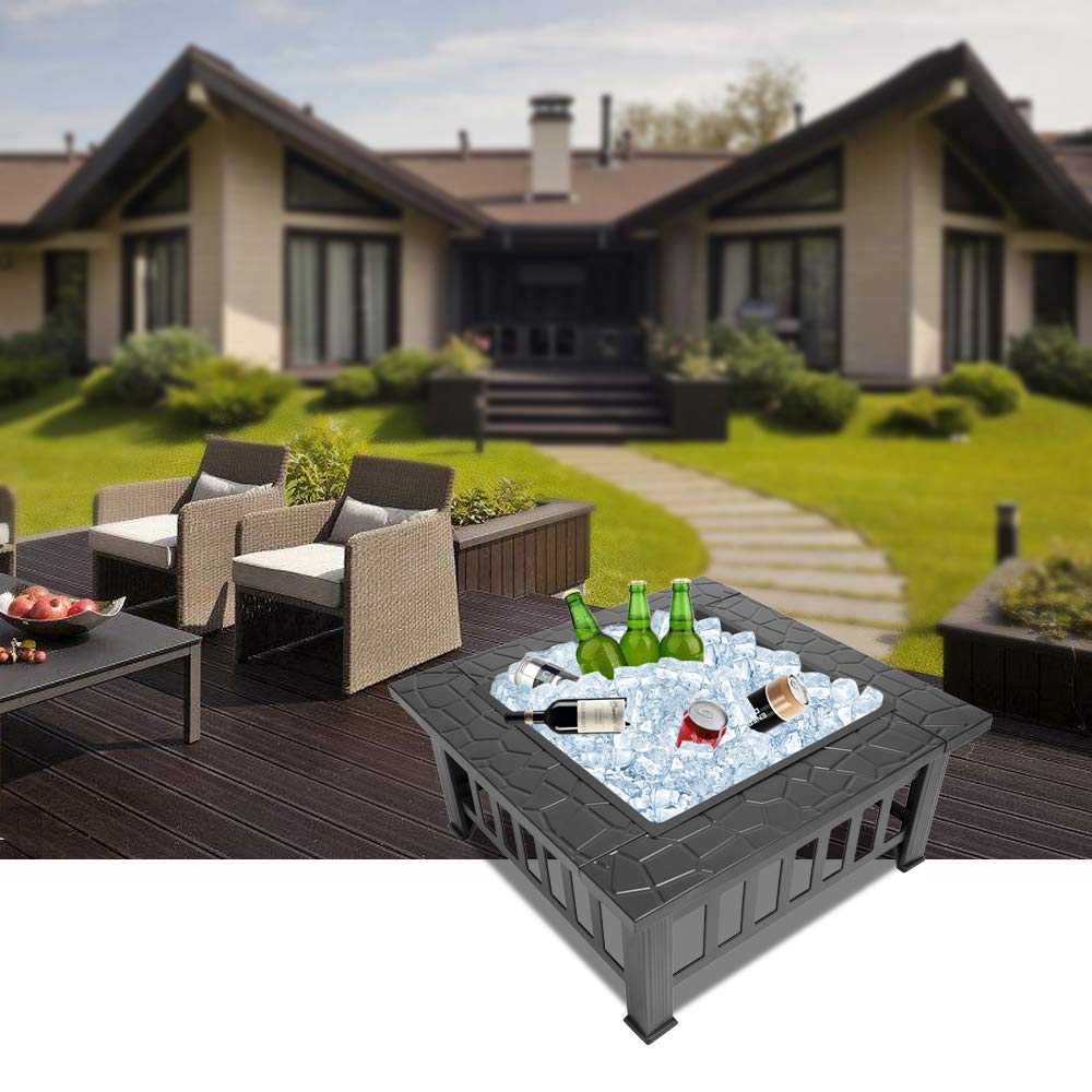 32in Square Metal Wood Burning Fire Pit with Spark Screen L56457
