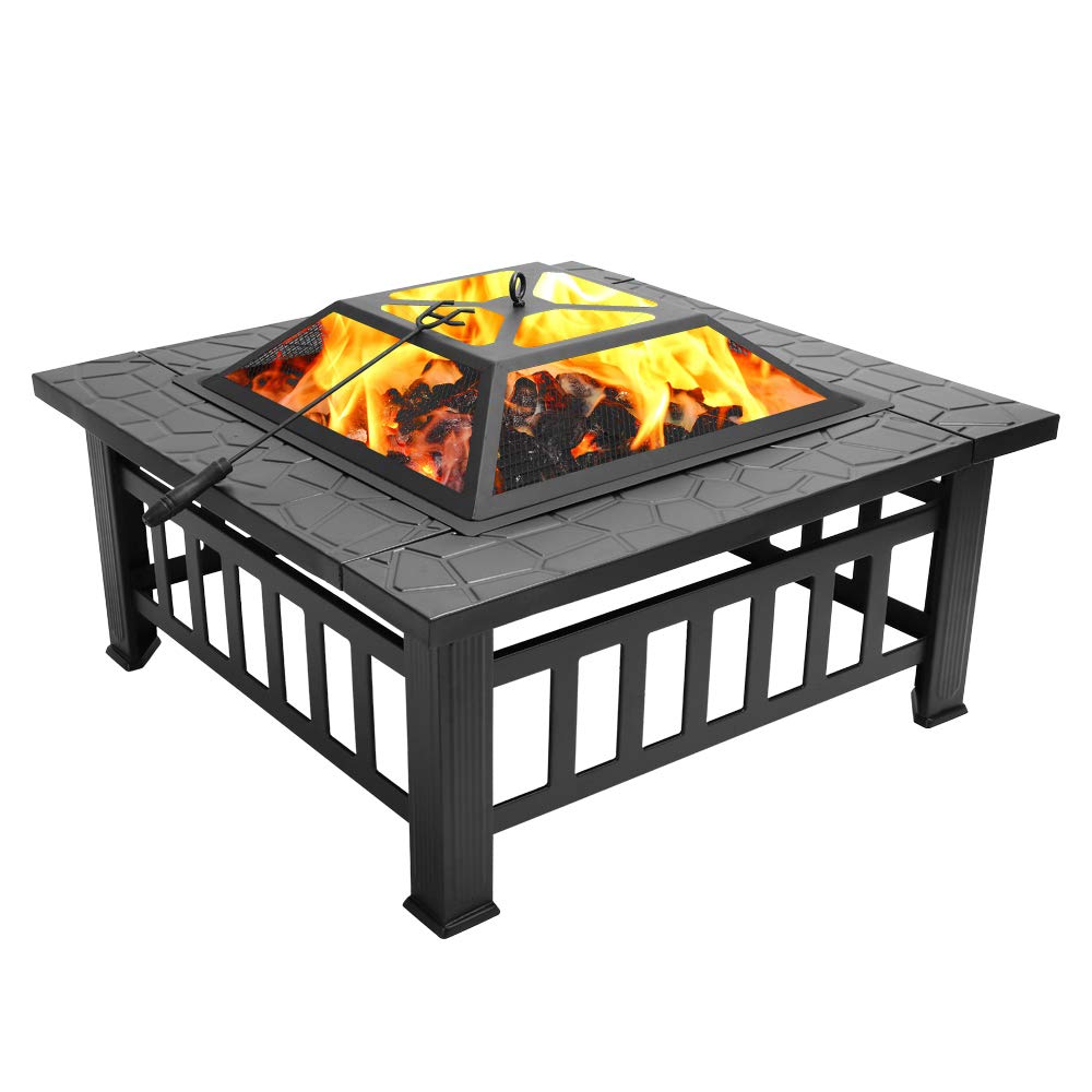 32in Square Metal Wood Burning Fire Pit with Spark Screen L56457