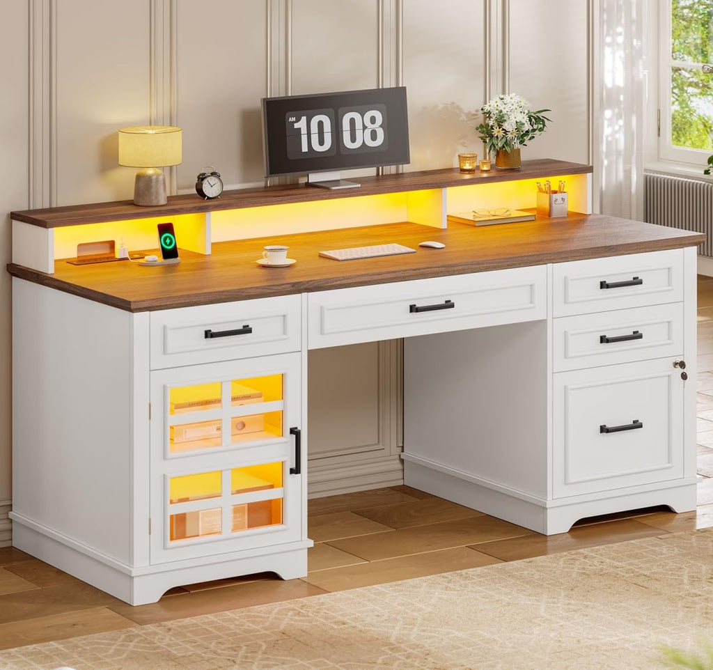 White Wood Executive Desk with Drawers and Storage Cabinet I556