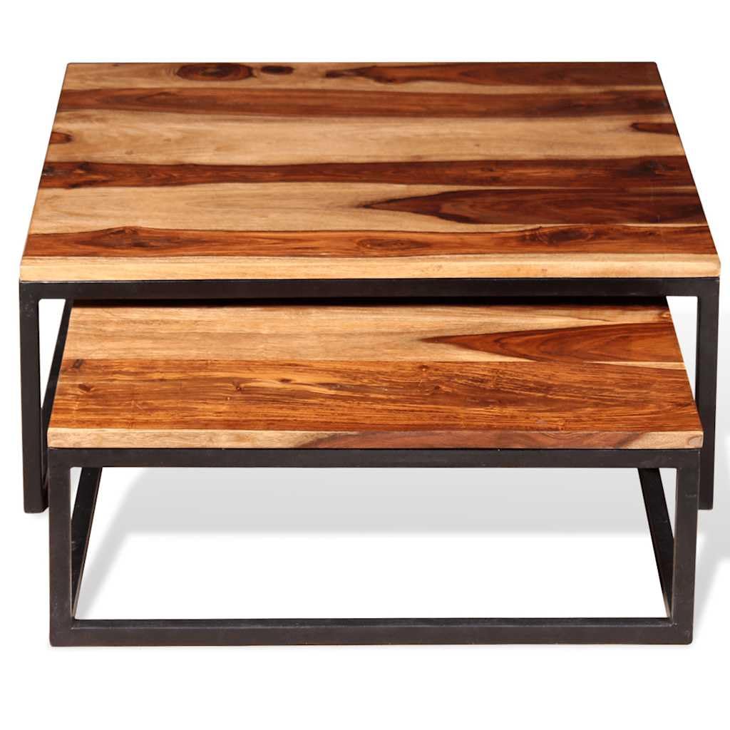 Solid Sheesham Wood Nesting Coffee Table Set with Black Iron Legs C96045