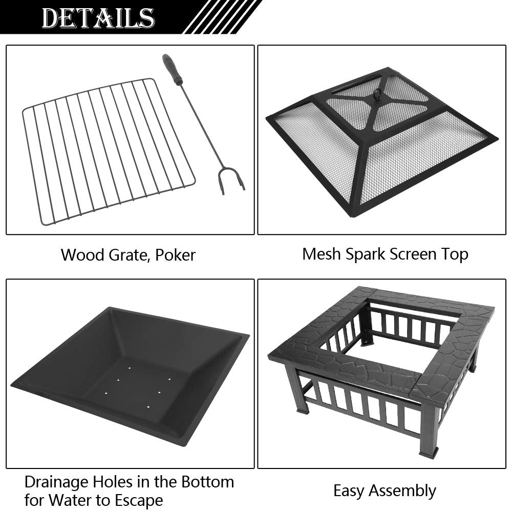 32in Square Metal Wood Burning Fire Pit with Spark Screen L56457