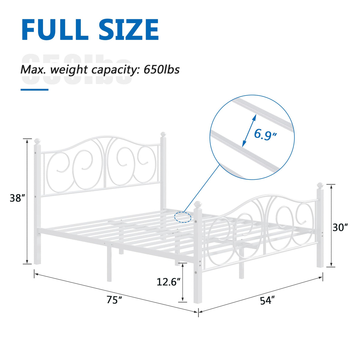 Full Size Pure White Metal Platform Bed Frame with Headboard and Footboard T575