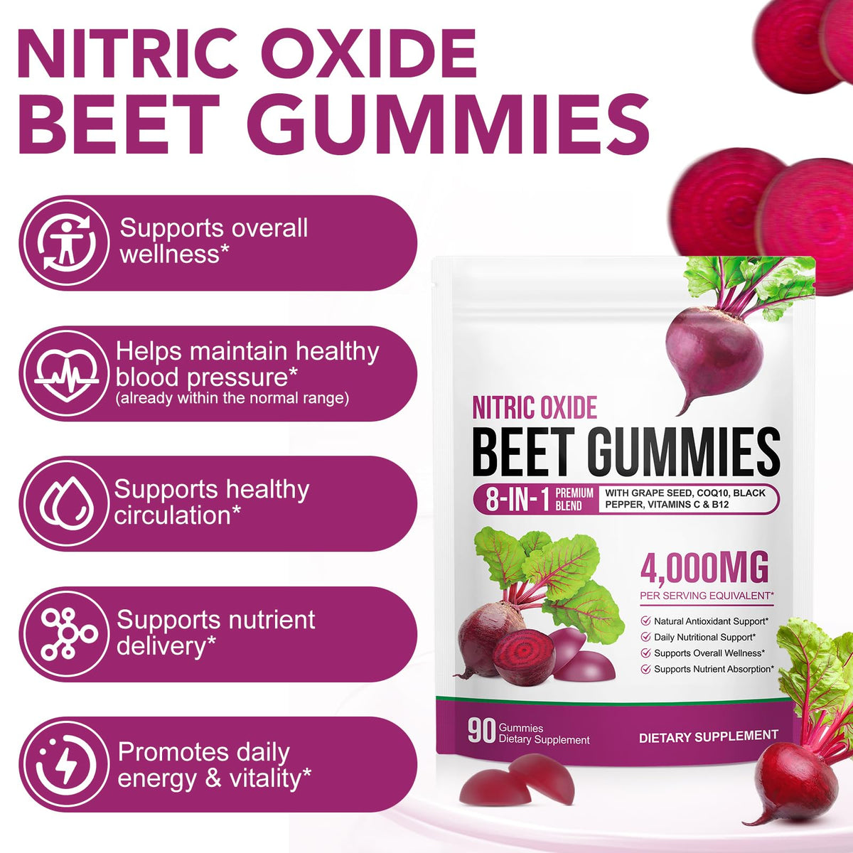 Sugar Free Beet Root Gummies with CoQ10, Grapeseed Extract, Vitamin B12, C K7776
