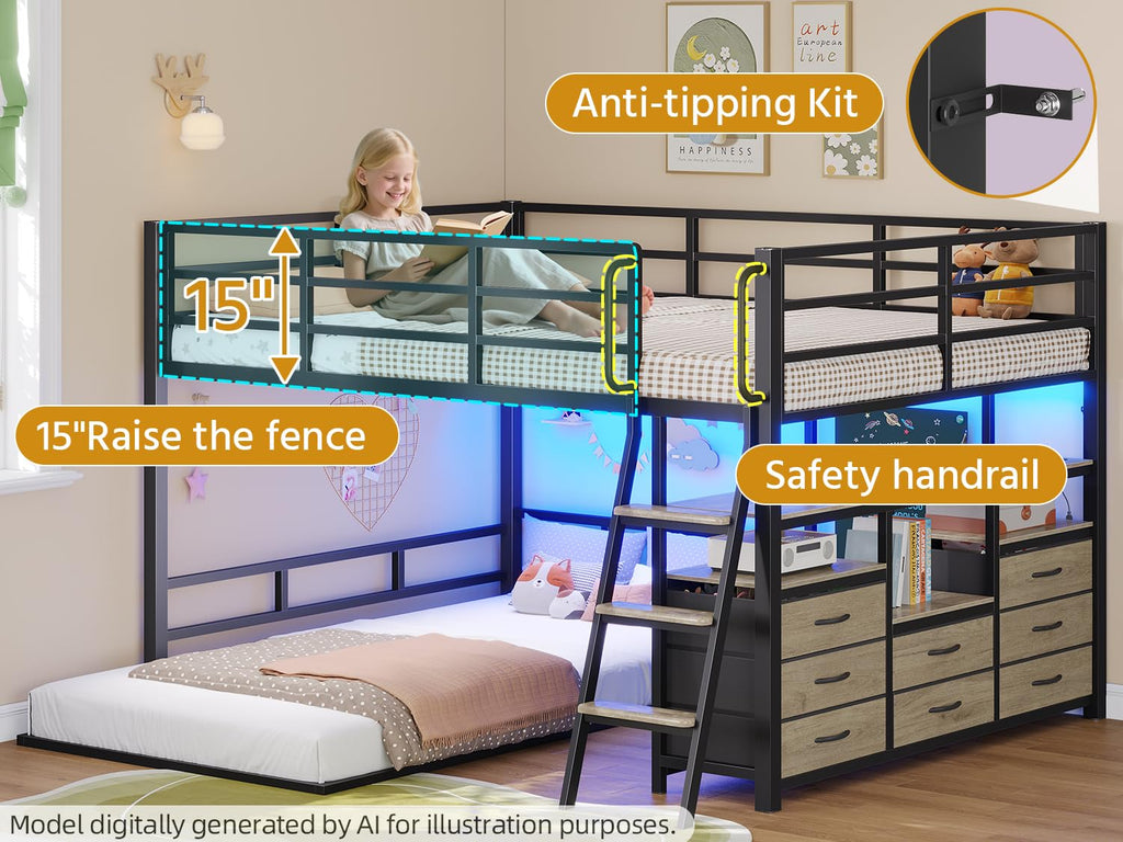 Full Over Twin Bunk Bed with 8 Drawers & 4 Shelves Y21394