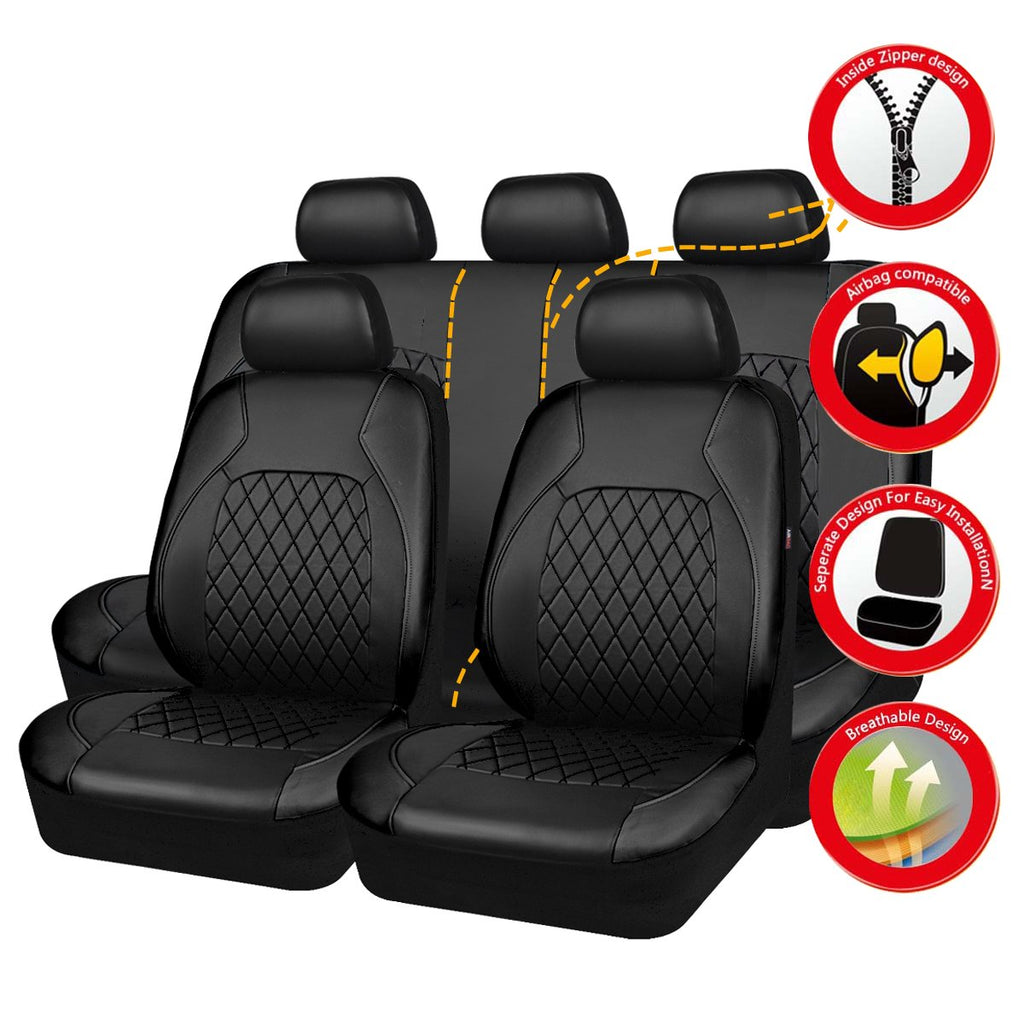 Faux Leather Car Seat Covers Full Set, Airbag Compatible, Breathable, All Black O62835