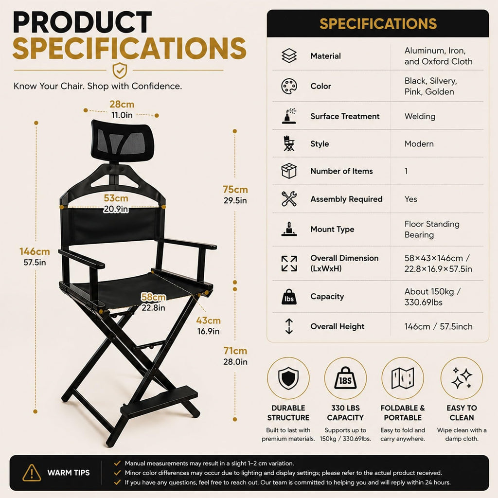 Tall Foldable Directors Chair with Adjustable Head Rest B96777