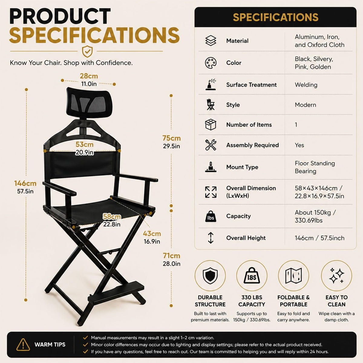 Tall Foldable Directors Chair with Adjustable Head Rest B96777