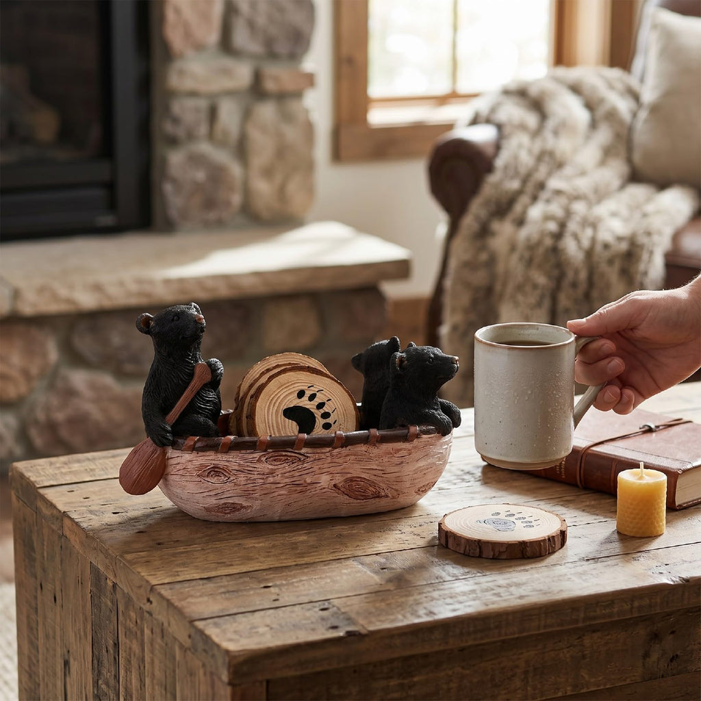 Black Bear Coaster Set with Canoe Holder S715