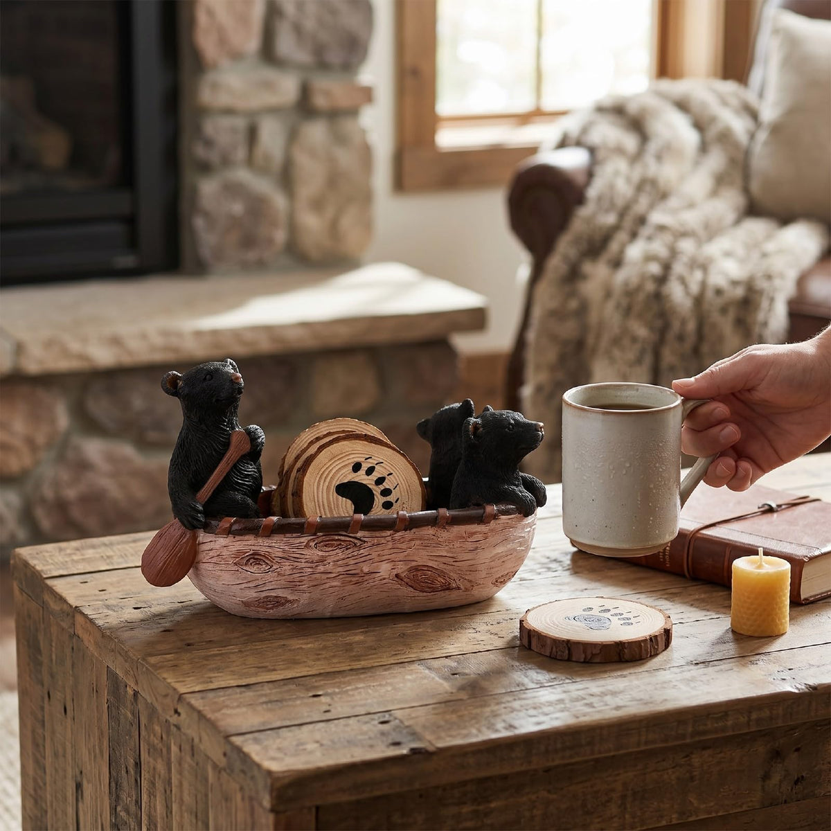 Black Bear Coaster Set with Canoe Holder S715