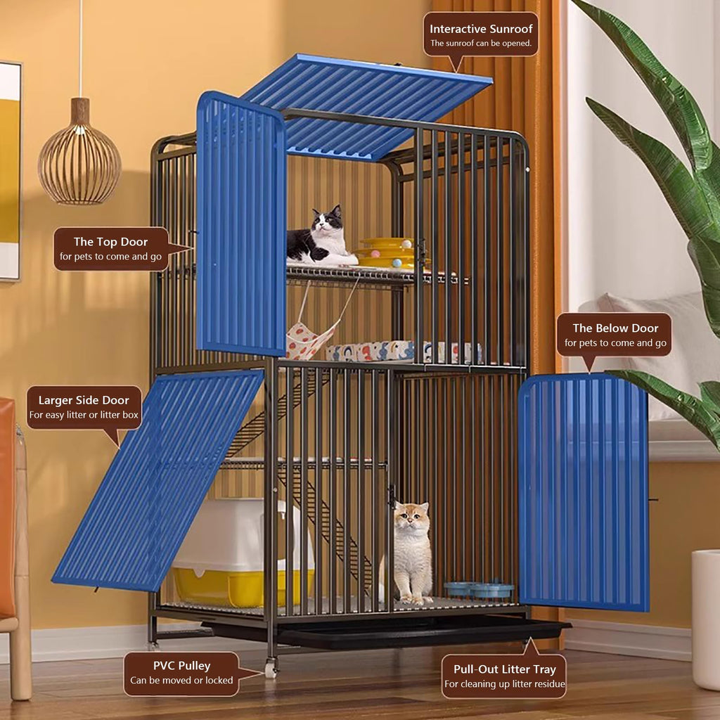 Black Metal Cat Cage with Locking Wheels C41240