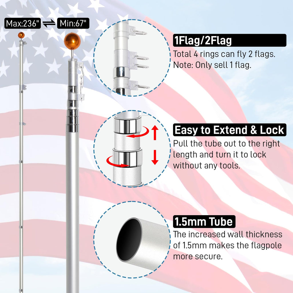20FT Sectional Heavy Duty Aluminum Flag Pole Kit with 3x5 ft American Flag E708