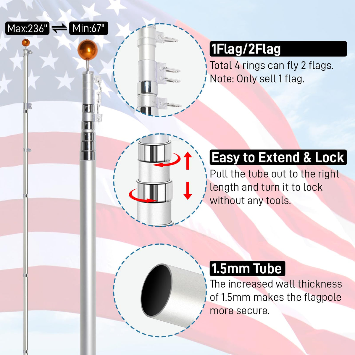 20FT Sectional Heavy Duty Aluminum Flag Pole Kit with 3x5 ft American Flag E708