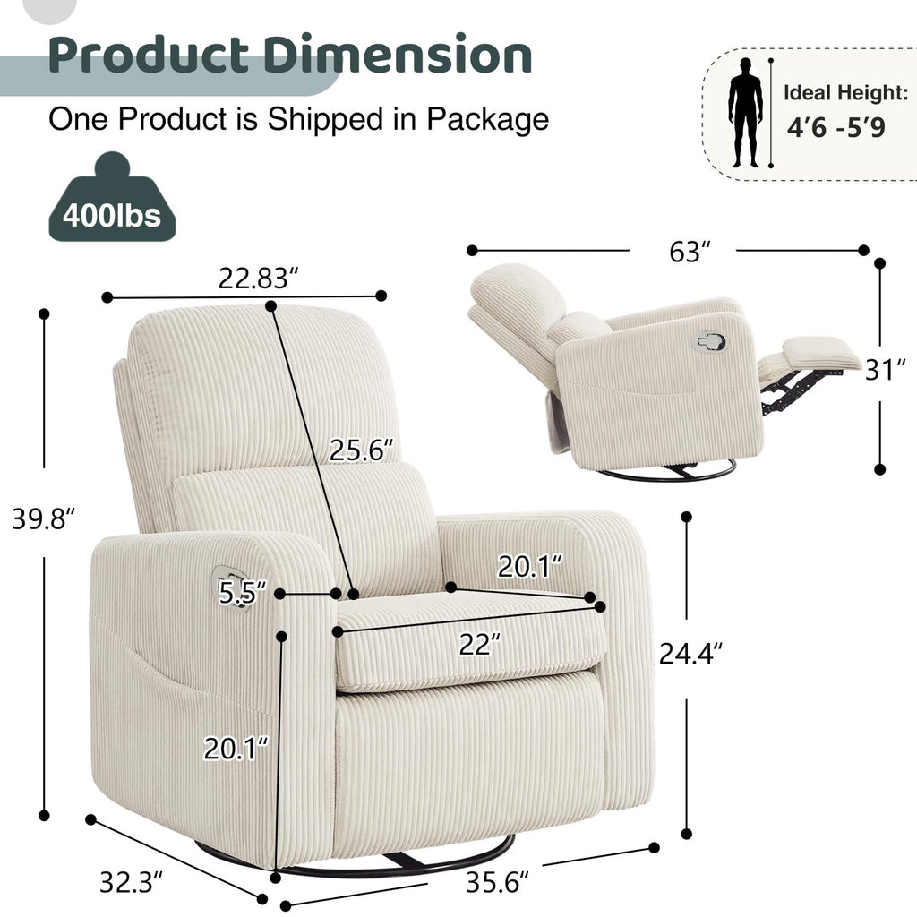 Oversized Corduroy Swivel Rocker Recliner Chair L298388