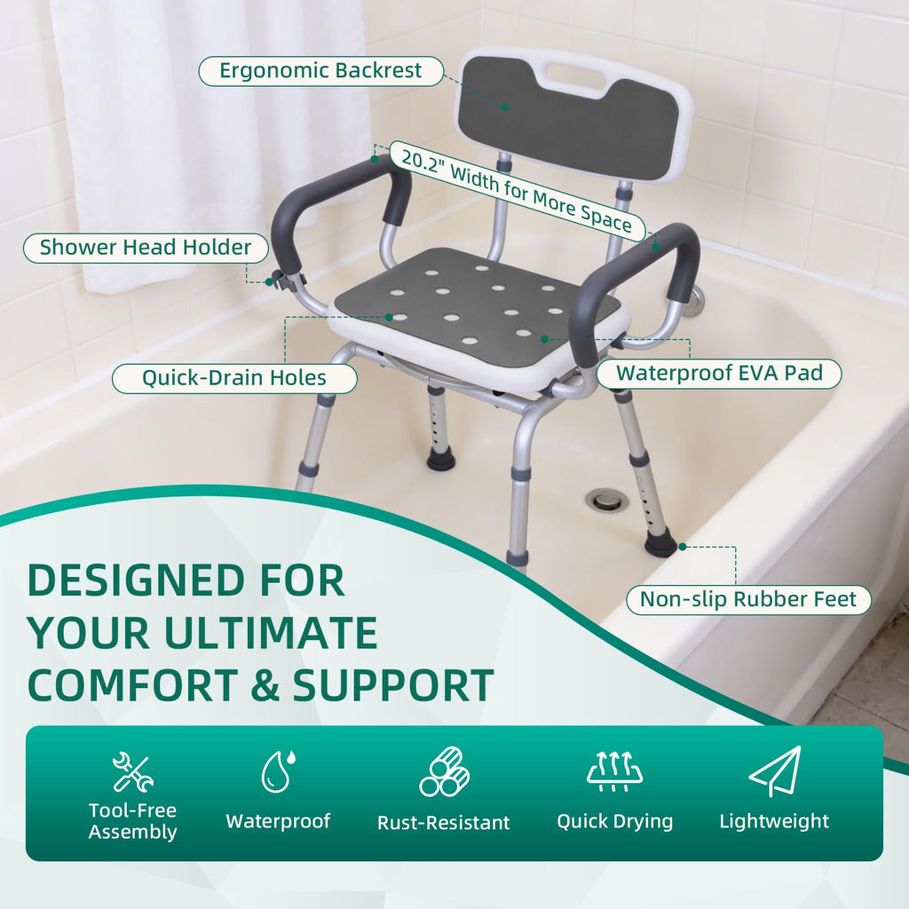 Swivel Shower Chair with Arms & Back, Heavy Duty Non-Slip Rotating Shower Bench Seat M490773