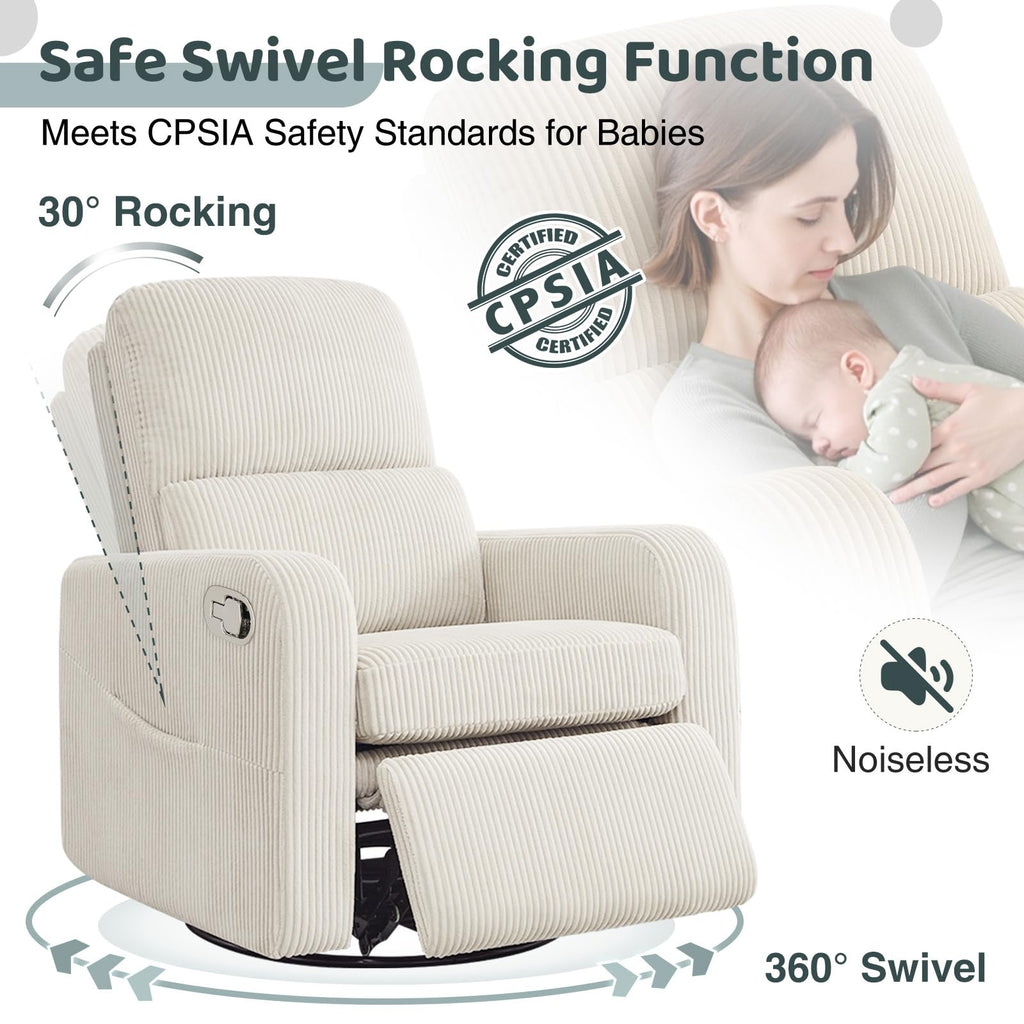 Oversized Corduroy Swivel Rocker Recliner Chair L298388