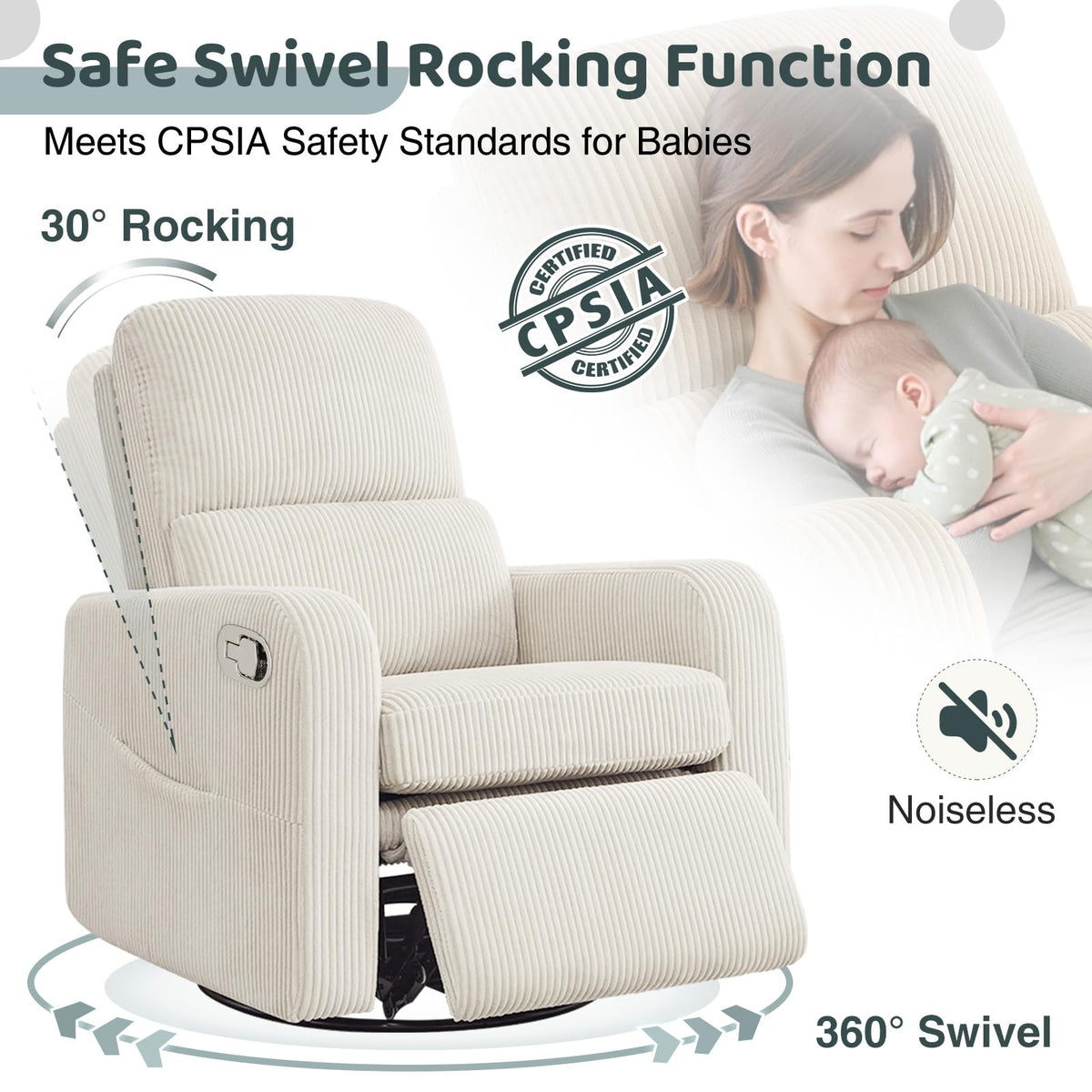 Oversized Corduroy Swivel Rocker Recliner Chair L298388