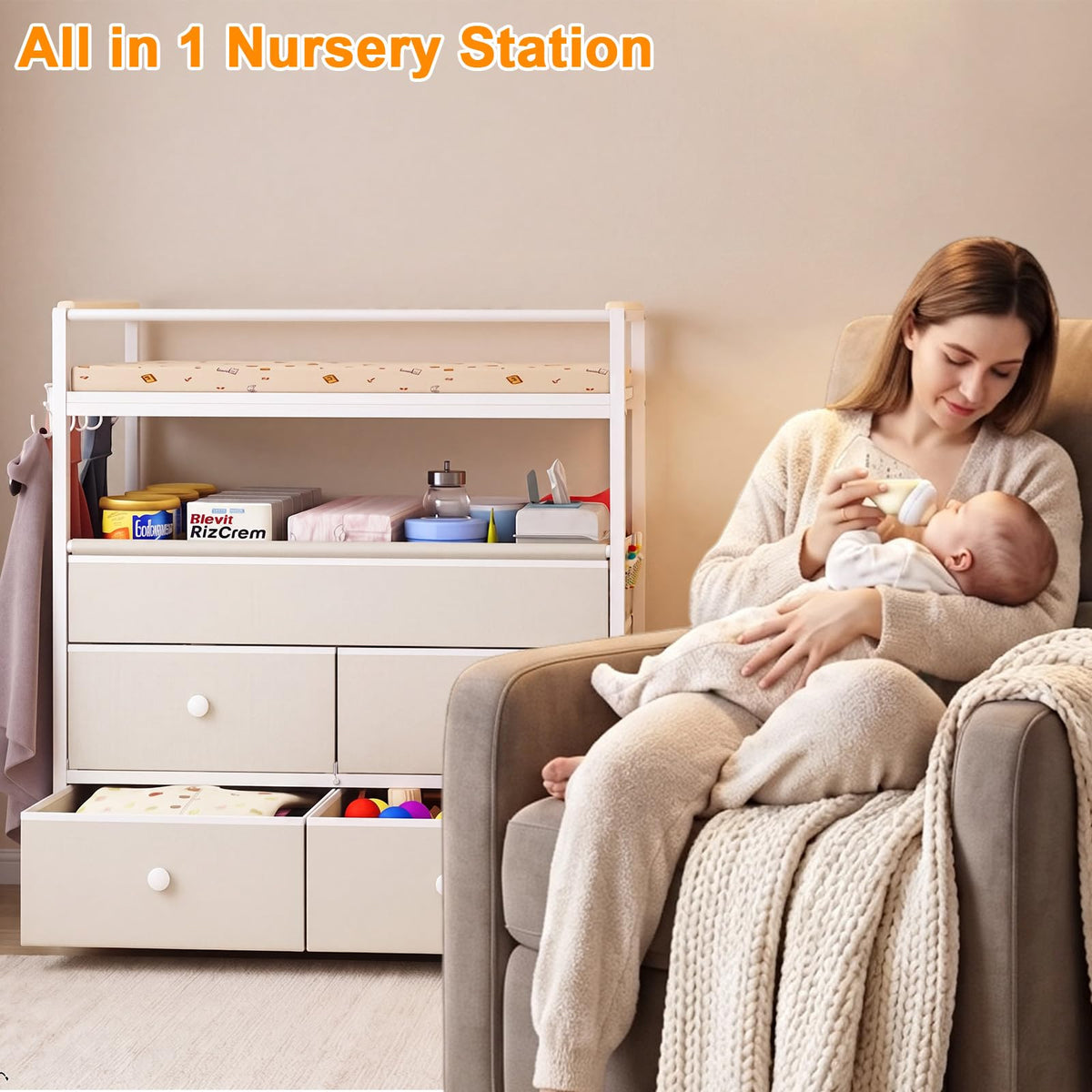 Baby Diaper Changing Table Dresser with Safety Bumper and 4 Drawer X933866