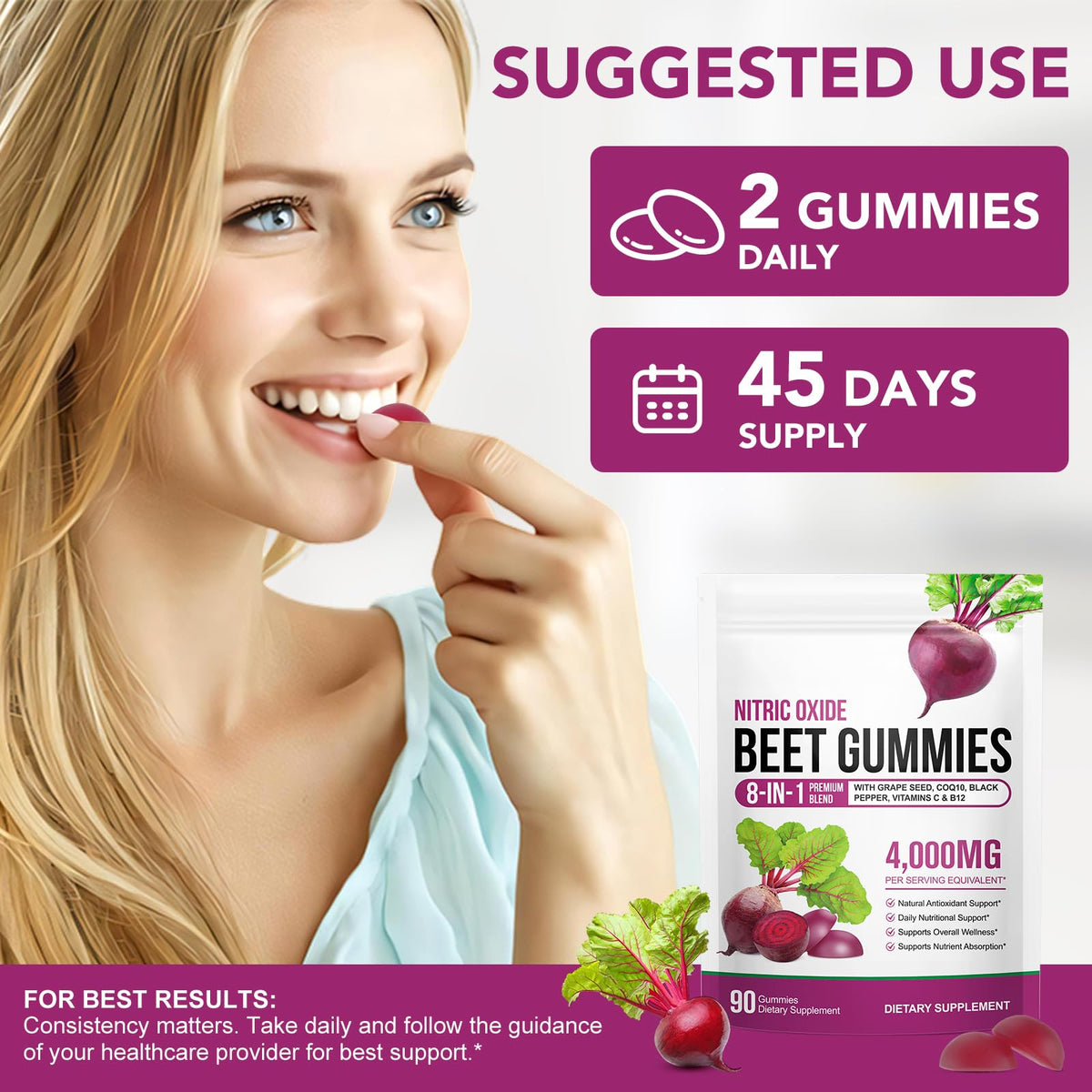 Sugar Free Beet Root Gummies with CoQ10, Grapeseed Extract, Vitamin B12, C K7776