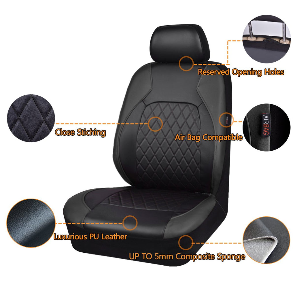 Faux Leather Car Seat Covers Full Set, Airbag Compatible, Breathable, All Black O62835