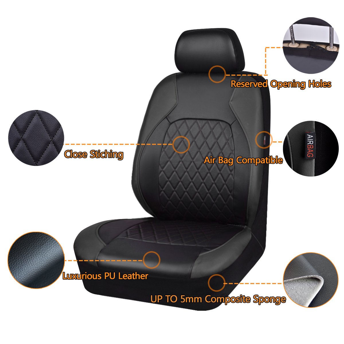 Faux Leather Car Seat Covers Full Set, Airbag Compatible, Breathable, All Black O62835