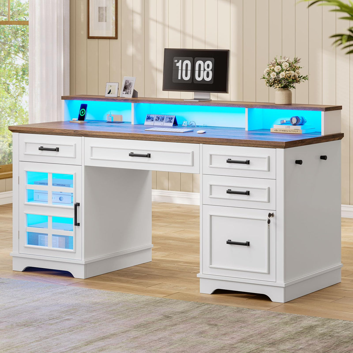 White Wood Executive Desk with Drawers and Storage Cabinet I556