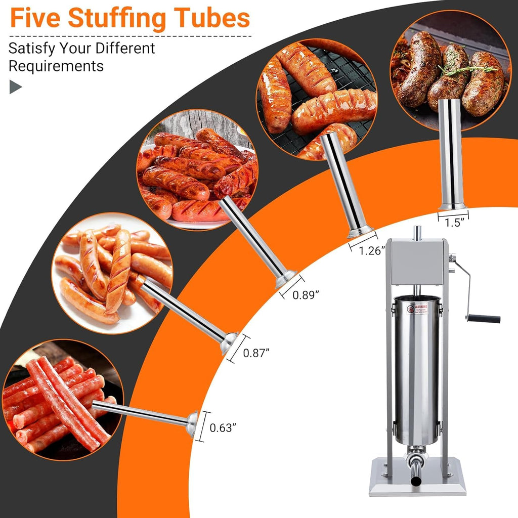 15LBS/7L Two Speed Stainless Steel Sausage Stuffer with 4 Stuffing Tubes D905