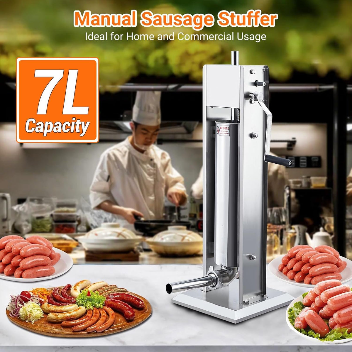 15LBS/7L Two Speed Stainless Steel Sausage Stuffer with 4 Stuffing Tubes D905