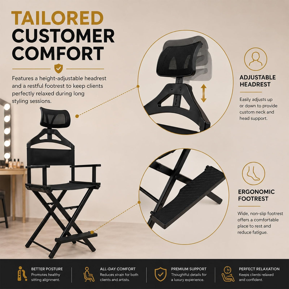 Tall Foldable Directors Chair with Adjustable Head Rest B96777
