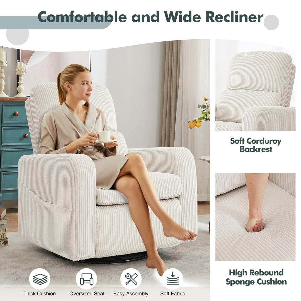 Oversized Corduroy Swivel Rocker Recliner Chair L298388