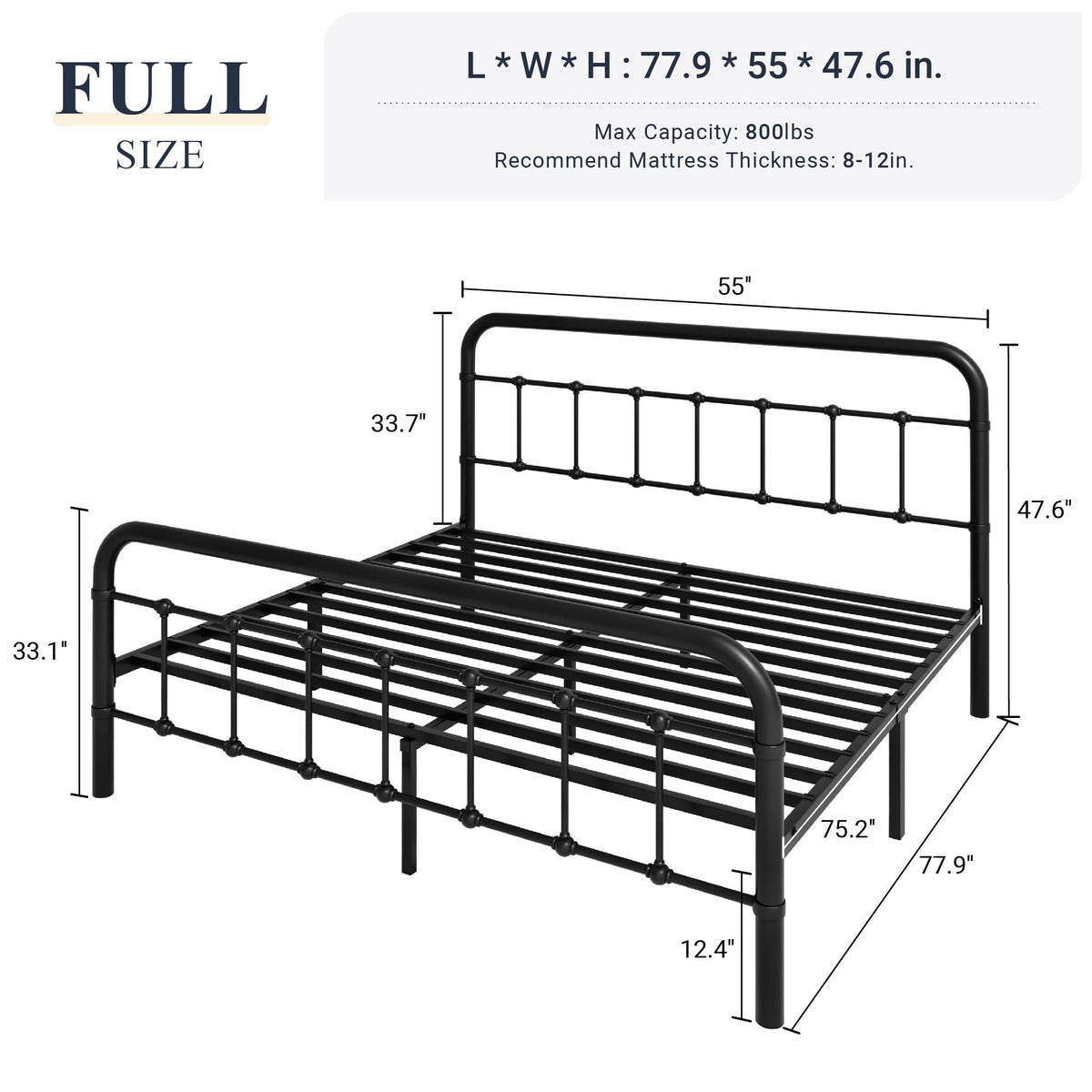Full Metal Bed Frame with Victorian Iron-Art Headboard, Black Q9303