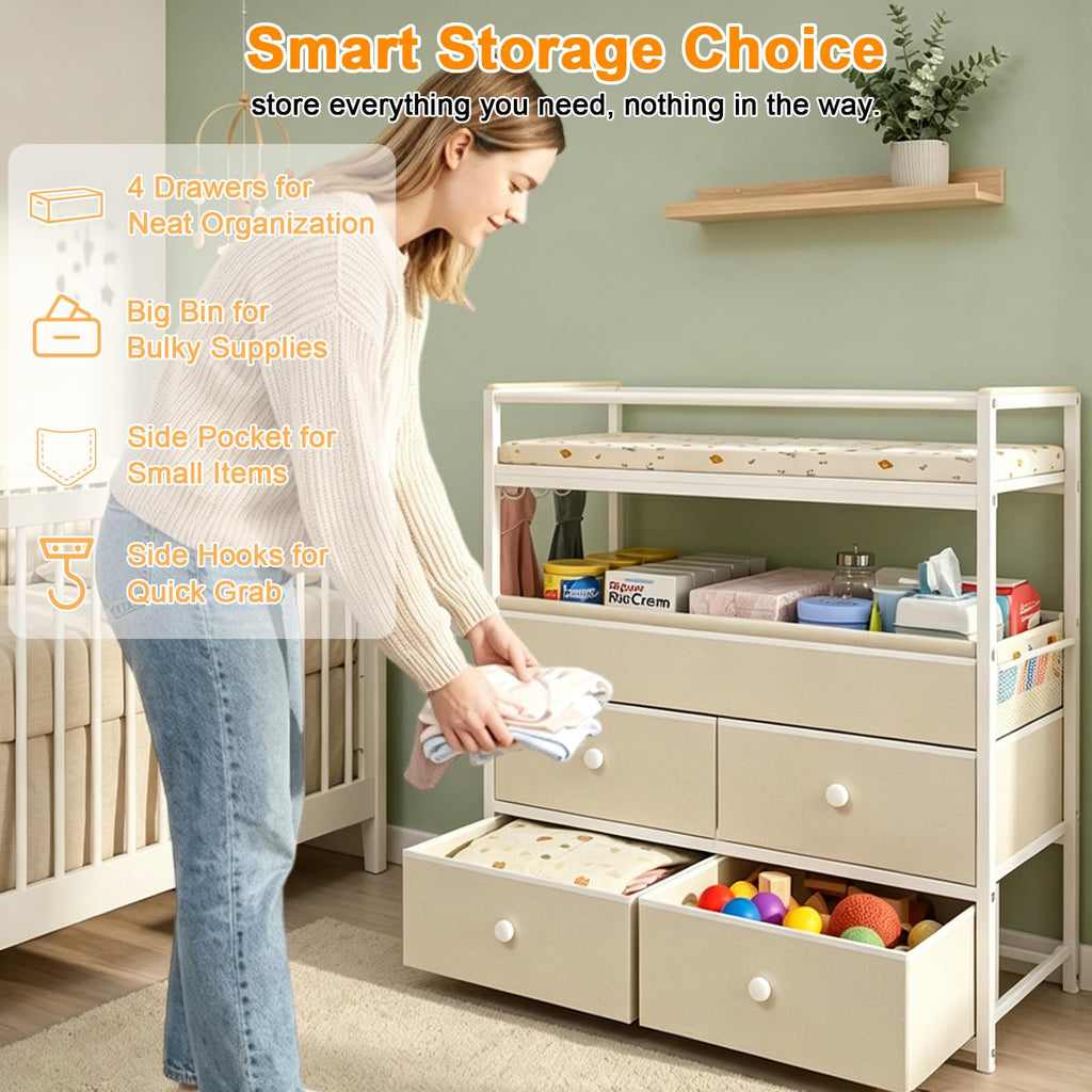 Baby Diaper Changing Table Dresser with Safety Bumper and 4 Drawer X933866