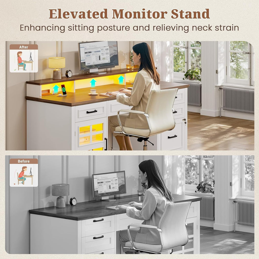 White Wood Executive Desk with Drawers and Storage Cabinet I556