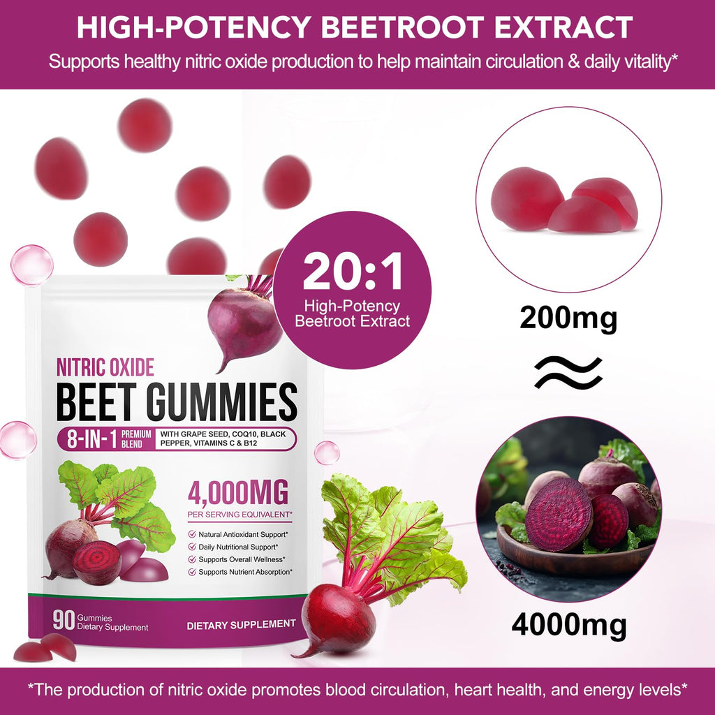 Sugar Free Beet Root Gummies with CoQ10, Grapeseed Extract, Vitamin B12, C K7776