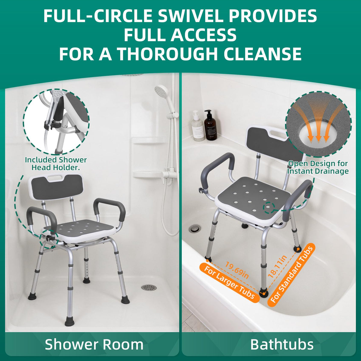 Swivel Shower Chair with Arms & Back, Heavy Duty Non-Slip Rotating Shower Bench Seat M490773