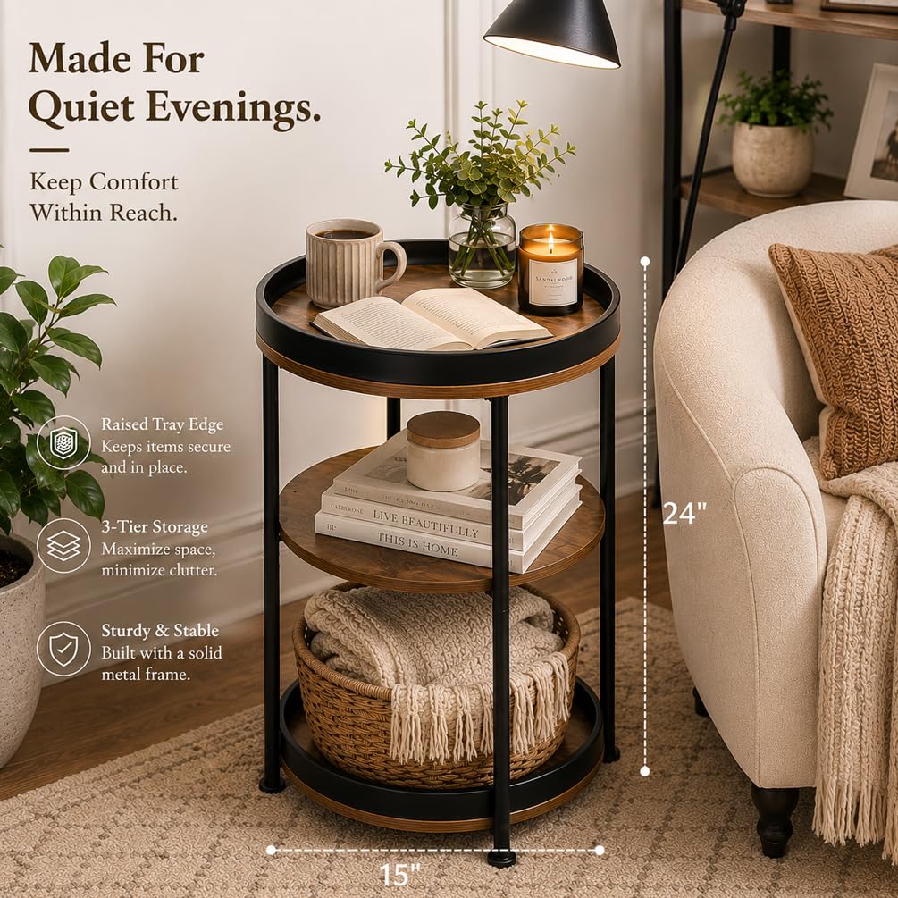 Round Side Table with 3 Storage Shelves C821