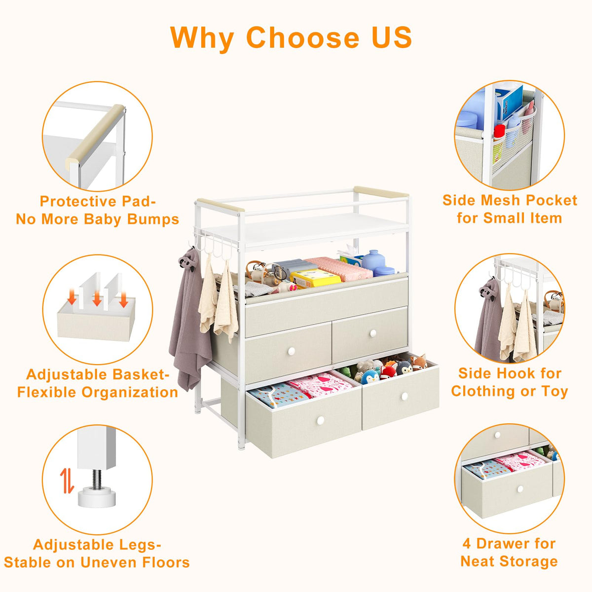 Baby Diaper Changing Table Dresser with Safety Bumper and 4 Drawer X933866