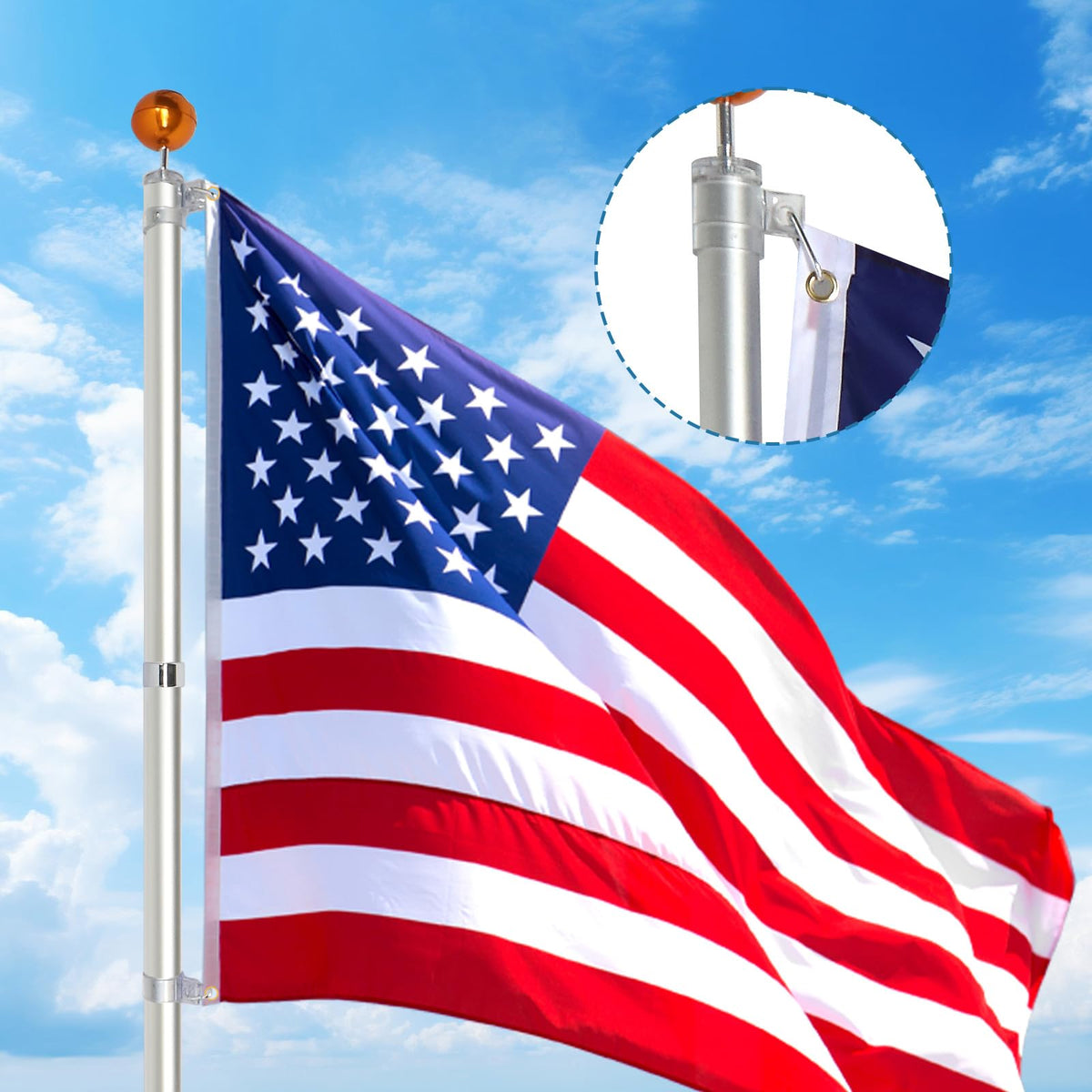 20FT Sectional Heavy Duty Aluminum Flag Pole Kit with 3x5 ft American Flag E708