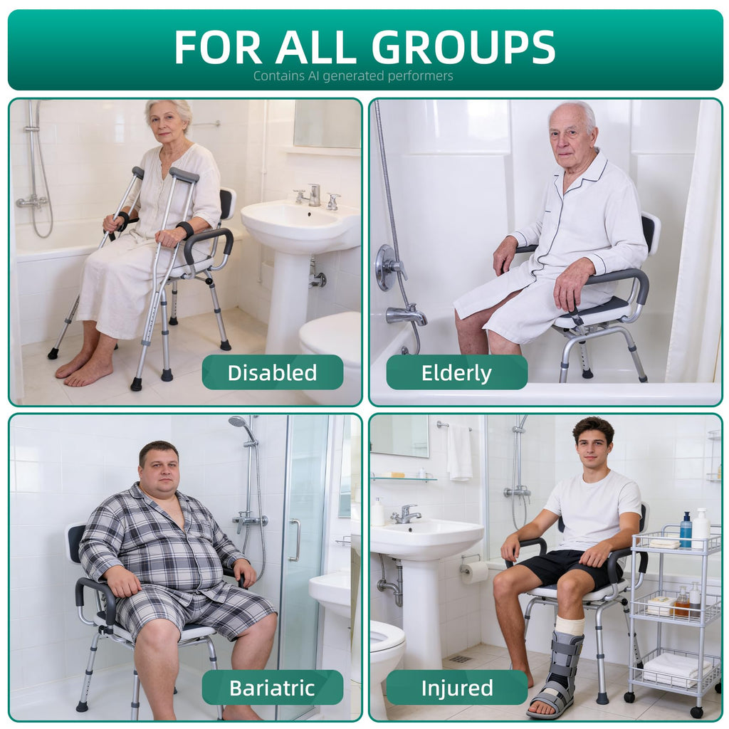 Swivel Shower Chair with Arms & Back, Heavy Duty Non-Slip Rotating Shower Bench Seat M490773
