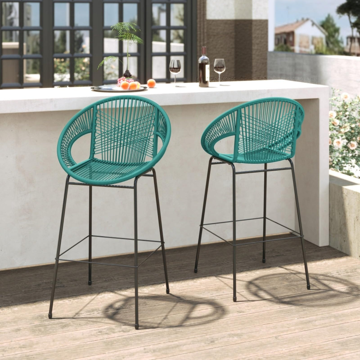 Faux Wicker PE Rattan Bar Stools Set of 2 Teal N161
