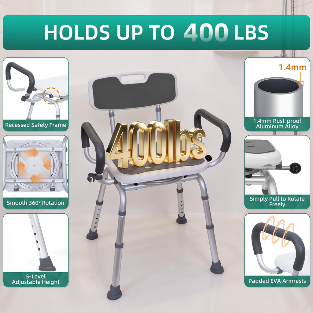 Swivel Shower Chair with Arms & Back, Heavy Duty Non-Slip Rotating Shower Bench Seat M490773